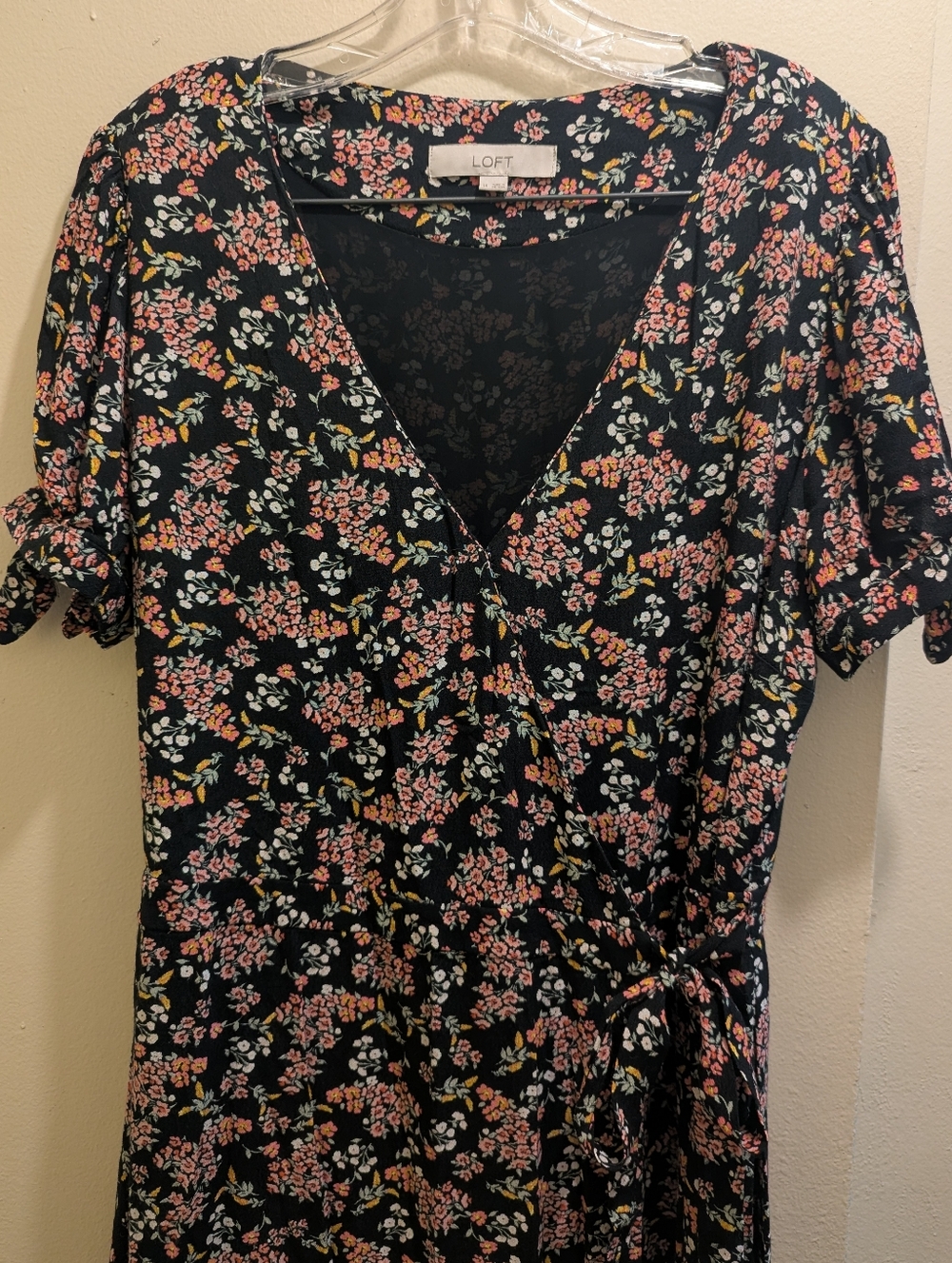 LOFT Black Floral Wrap Romper with Pink & Cream Flowers V-neck Tie Waist- 14 - Picture 6 of 16